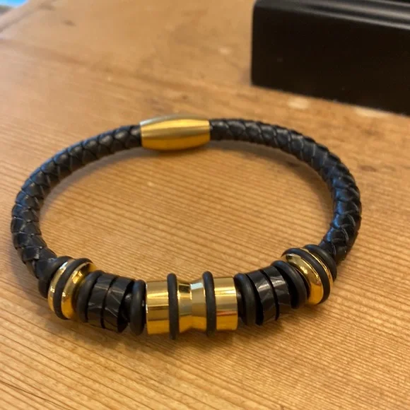 Leather and Gold Magnetic Bracelet - Picture 1 of 3